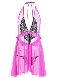Plus Size Lace Panel Halter Sheer Babydoll