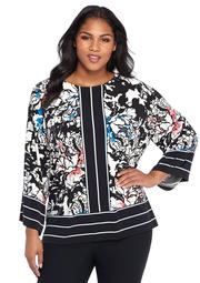 Plus Size Knit Flare Sleeve Printed Top