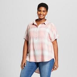 Women's Plus Size Plaid Short Sleeve Button-Down Shirt - Ava & Viv™ Pink