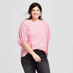 Women's Plus Size Stripe Elbow Sleeve Tie Blouse - Ava & Viv™ Pink