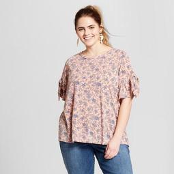 Women's Plus Size Floral Print Knit T-shirt with Ruffle Sleeve - Xhilaration™ Peach