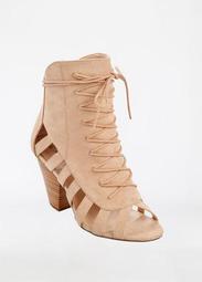 Caged Lace Up Suede Heeled Bootie - Wide Width