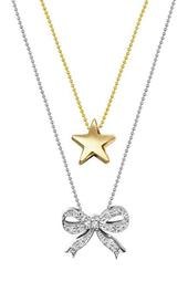 14K White & Yellow Gold Diamond Bow and Star Pendant Necklace - Set of 2 - 0.07 ctw