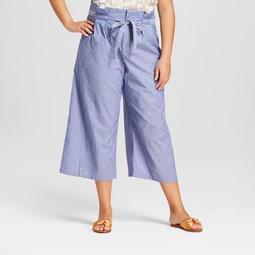 Women's Plus Size Striped Paperbag Waist Pants - A New Day™ Blue/White