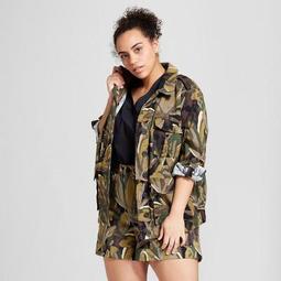 Women's Plus Size Leaf Print Long Sleeve Military Jacket - Who What Wear™ Green/Brown