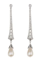 Pave Crystal Faux Pearl Deco Drop Earrings