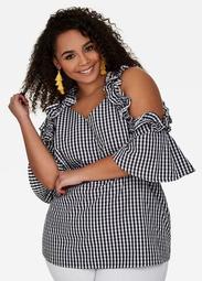 Cold Shoulder Ruffle Gingham Top