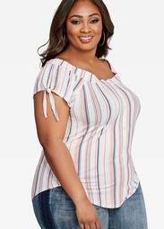 Striped Button Front Peasant Top