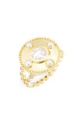 14K Gold Plated Sterling Silver Audrey CZ & 2.5mm Freshwater Pearl Studded Cocktail Ring - Size 8