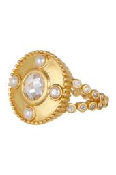14K Gold Plated Sterling Silver Audrey CZ & 2.5mm Pearl Studded Cocktail Ring - Size 7