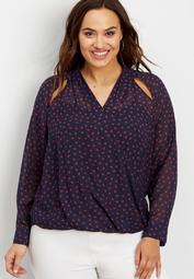 the perfect plus size wrap front blouse with slit shoulders
