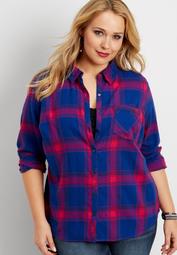 plus size button down blue and hot pink flannel shirt