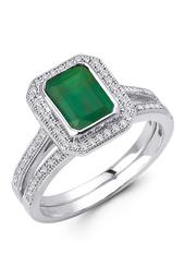 Platinum Plated Sterling Silver Simulated Diamond Simulated Emerald Halo Ring with Matching Band