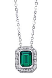 Platinum Plated Sterling Silver Halo Set Simulated Diamond with Simulated Emerald Pendant Necklace