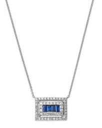 14K White Gold Mosaic Sapphire Baguette & Diamond Frame Pendant Necklace, 16"