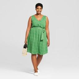Women's Plus Size Polka Dot Sleeveless Tie Waist Dress - A New Day™ Green/White