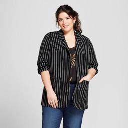 Women's Plus Size Striped Linen Blazer - A New Day™ Black/Cream