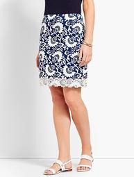 Lace-Trimmed Stretch Cotton Canvas Skirt-Woodblock Floral