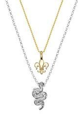 14K Yellow Gold & Sterling Silver Fleur de Lis & Diamond Snake Pendant Necklace - Set of 2 - 0.04 ctw