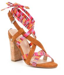 Guess Cariel Leather & Farbic Criss Cross Ankle Tie Cork Block Heel Sandals