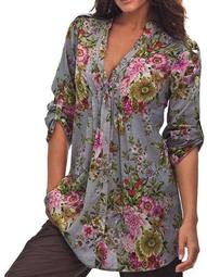 Womail Women Vintage Floral Print V-neck Tunic Tops Women's Fashion Plus Size Tops