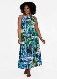 Palm Print Halter Maxi Dress