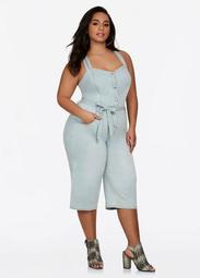 Belted Button Front Jean Jumpsuit