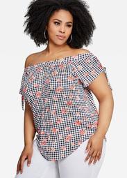 Gingham Button Front Peasant Top