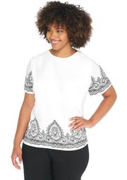 Plus Size Short Sleeve Boat Neck Top with Placement Print