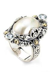 Sterling Silver & 18K Gold White 12mm x 16mm Mabe Pearl & Blue Topaz Ring