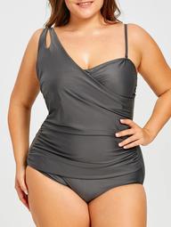 Asymmetric Straps Plus Size Ruched Slimming Swimsuit