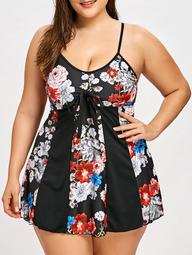 Plus Size Tie Front Floral Skirted Tankini Swimsuit