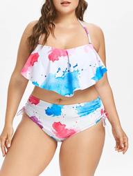 Plus Size Abstract Print Flounce Bikini Set