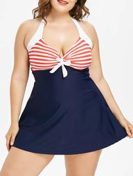 Plus Size Striped Halter Swimsuit