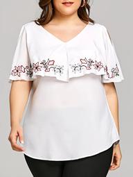 Plus Size Cold Shoulder Embroidery Overlay Blouse