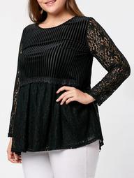 Pleated Lace Sleeve Plus Size Velvet Top