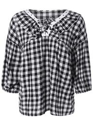 Puff Sleeve Lace-Up Plaid Blouse