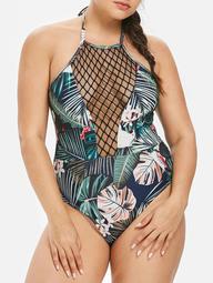 Plus Size Tropical Leaf Fishnet One Piece Swimsuit