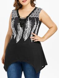 Plus Size Feather Print Lace-up Tank Top