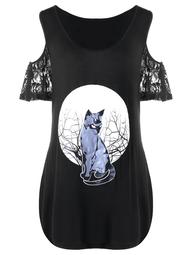 Plus Size Open Shoulder Cat T-shirt