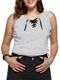 Plus Size Lace Up Striped Tank Top