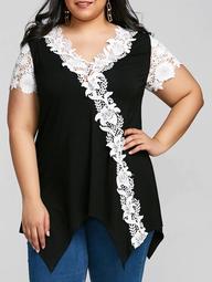 Plus Size Contrast Floral Lace Trim Crescent Hem T-shirt
