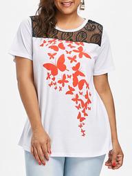 Plus Size Butterfly Print Lace Insert T-shirt
