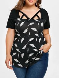 Plus Size Feather Printed Cut Out Tunic T-shirt