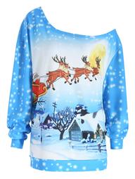 Plus Size Skew Neck Christmas Deer Santa Claus Sweatshirt