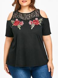 Flower Embroidery Lace Panel Plus Size T-shirt