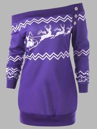 Plus Size Pullover Christmas Zigzag Deer Skew Neck Sweatshirt