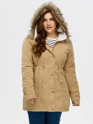 Plus Size Drawstring Hooded Parka Coat With Fur Collar