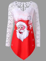Christmas Plus Size Santa Claus Lace Trim T-shirt