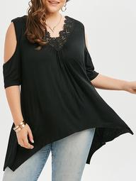 Lace Trim Plus Size Asymmetric Open Shoulder Long T-shirt